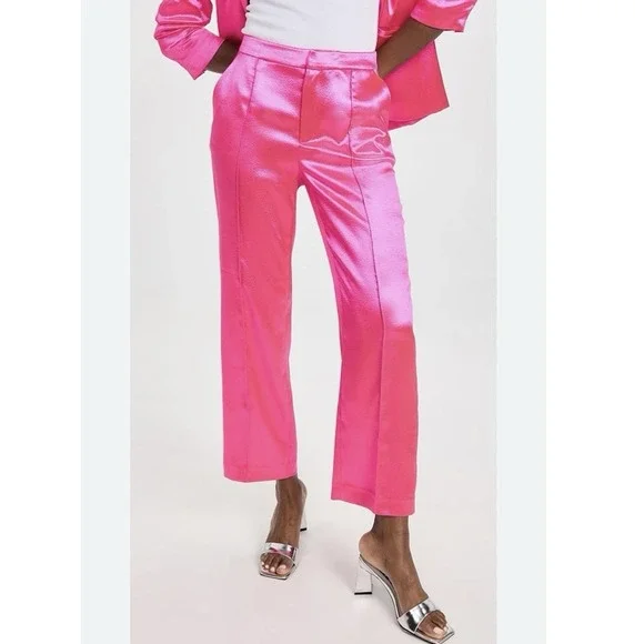 NEW Cinq à Sept $365 Ultra Pink Satin Karis Pants Straight Leg Mid Rise Sz 2 XS - Picture 1 of 7